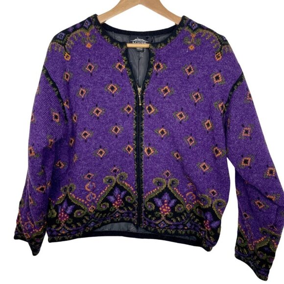 Icelandic Design 100% Wool Purple Floral Nordic Style Zip Jacket Size: Medium - Picture 1 of 11
